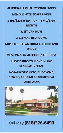 $195 SFV Sober Living for 4 Gentlemen