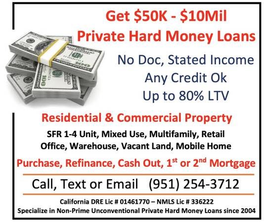 No Doc Private Hard Money Loans - 80% LTV - 1st &amp; 2nd Mortgage (951-254-3712 Los Angeles CA)
