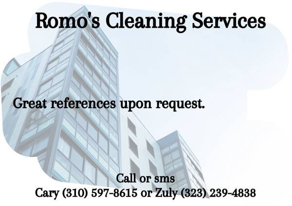 Romo's Cleaning. Ongoing Services. Move In Out. Offices, more (All Los Angeles. Marina del Rey. El Segundo, more)