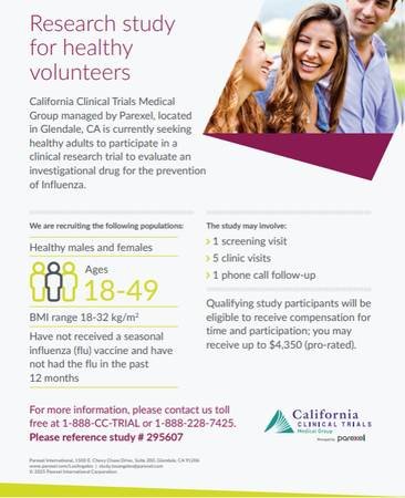 Paid Research for Healthy Volunteers, Up to $4,350 Compensation if Qualified (Glendale)