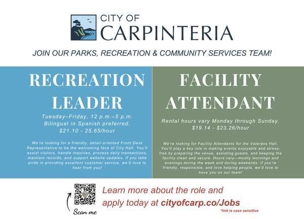 City of Carpinteria Hiring! Recreation Leader Positions (Multiple) (Carpinteria)