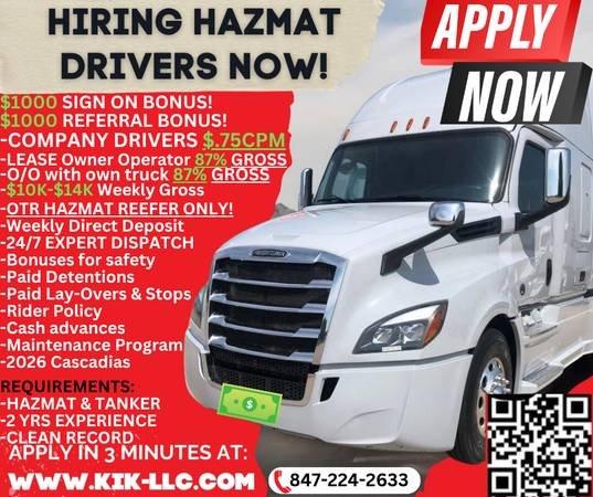 CDL A HAZMAT Drivers Earn $0.75 per Mile, $3000 Weekly – HAZ Owner Operators Gross $10K–$14K (Los Angeles CA)